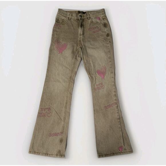 Chuu Made Brown Tan Flared Jeans K Pop Pink Embroidered Hearts Baby 26 M 160 66A - Picture 1 of 7